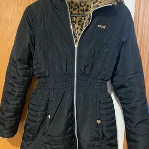 DKNY Black Puffer Jacket with Leopard Print Lining